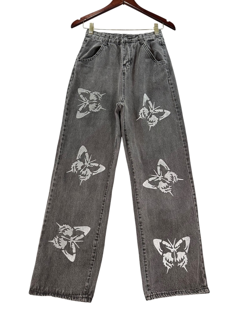 Faded Black Wide Leg Jeans Gothic Butterfly Moth Graphic Y2K